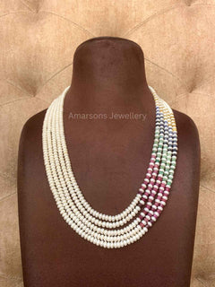 5lines freshwater Pearls with Multi Coloured Precious Beads (PN-18)