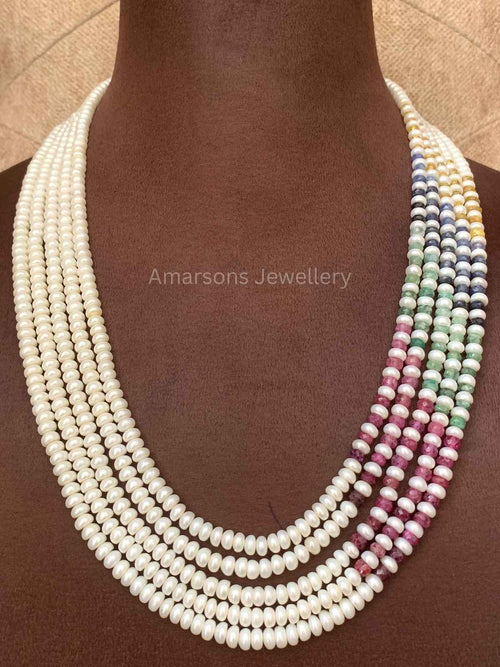5lines freshwater Pearls with Multi Coloured Precious Beads (PN-18)