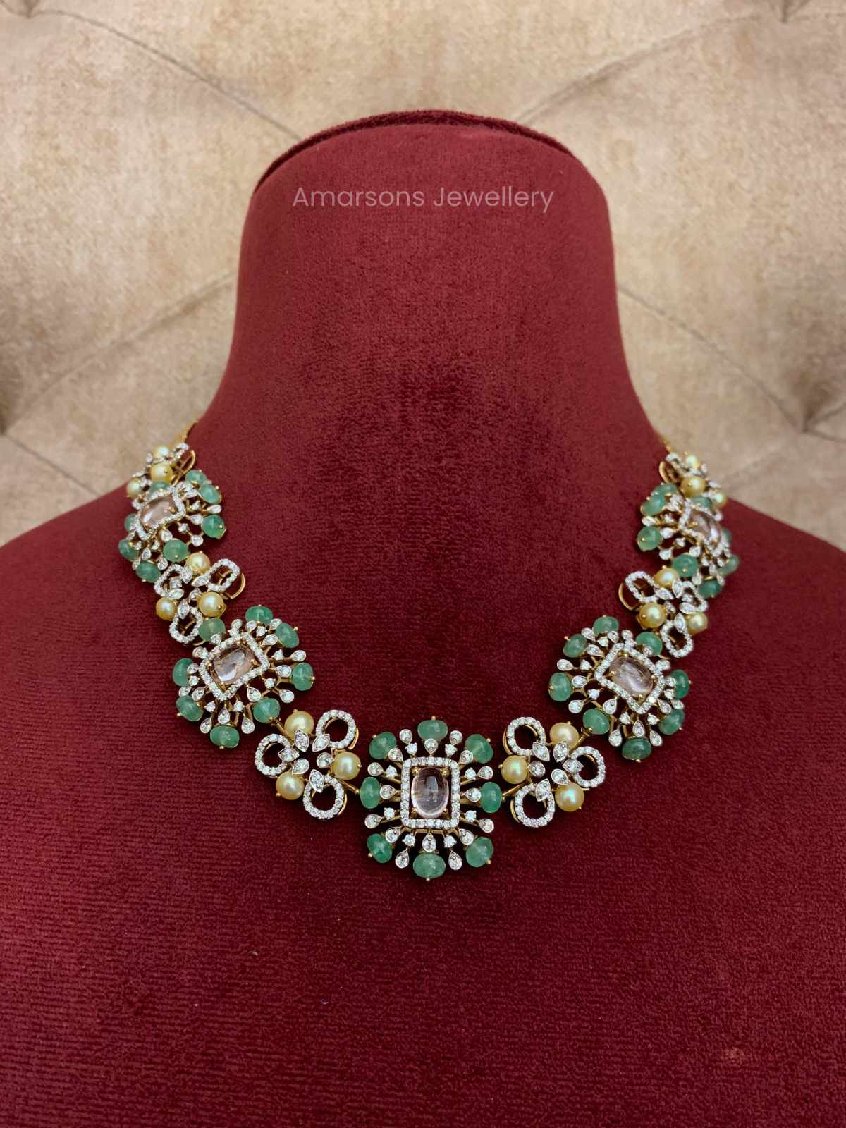 18k VVS EF Diamond Necklace with South Sea Pearls and Emerald