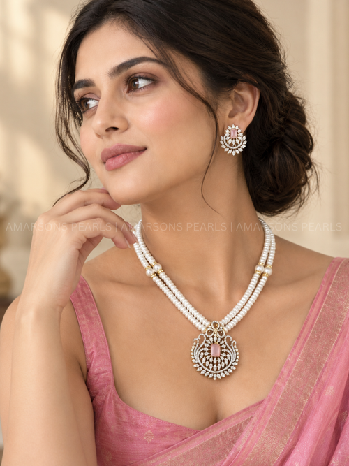 Royal Pink Stone Two-Layer Pearl Necklace Set with Earrings