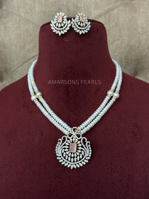 Royal Pink Stone Two-Layer Pearl Necklace Set with Earrings