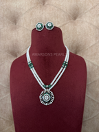 Traditional Two-Layer Pearl Necklace Set with Green Medallion Pendant
