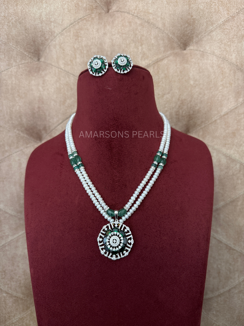 Traditional Two-Layer Pearl Necklace Set with Green Medallion Pendant
