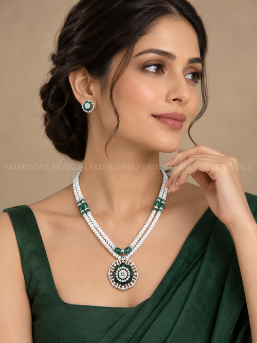 Traditional Two-Layer Pearl Necklace Set with Green Medallion Pendant