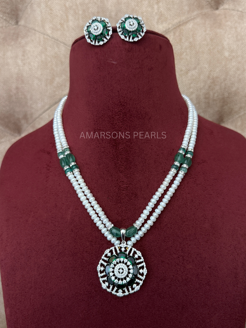 Traditional Two-Layer Pearl Necklace Set with Green Medallion Pendant