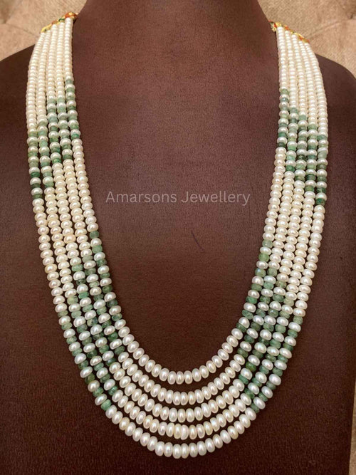 5lines Freshwater Pearls with Emerald Beads (PN-22)