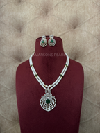 Elegant Two-Layer Pearl Necklace Set with Green Stone Pendant