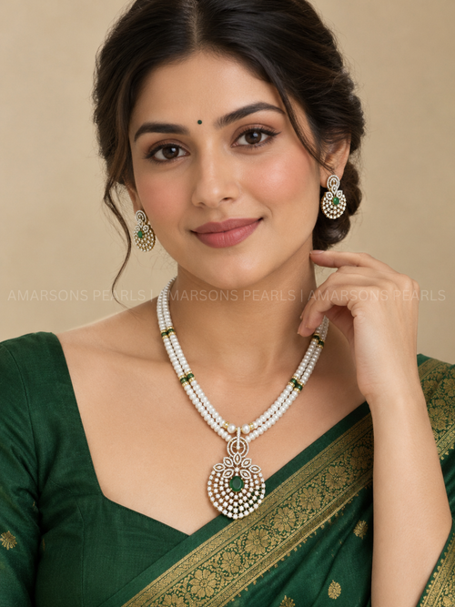 Elegant Two-Layer Pearl Necklace Set with Green Stone Pendant