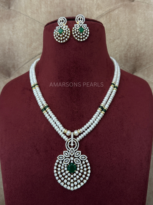Elegant Two-Layer Pearl Necklace Set with Green Stone Pendant