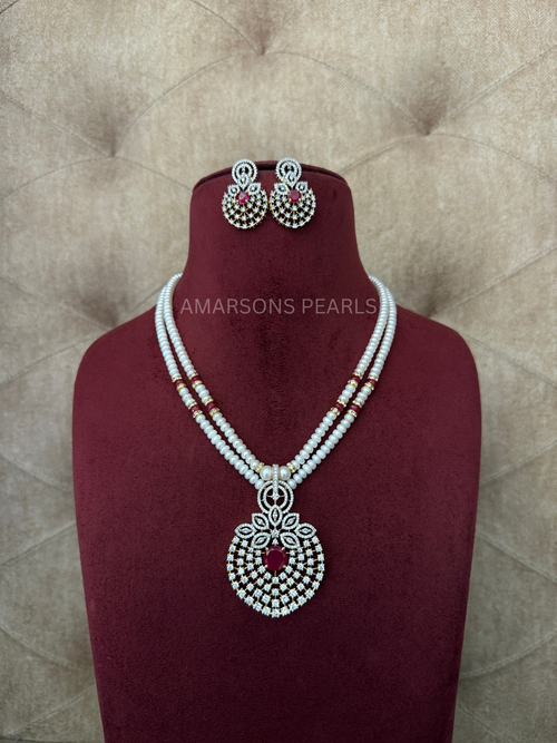 Ruby Red Stone Two-Layer Pearl Necklace Set with Matching Earrings
