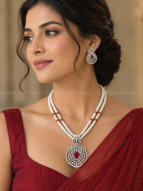 Ruby Red Stone Two-Layer Pearl Necklace Set with Matching Earrings