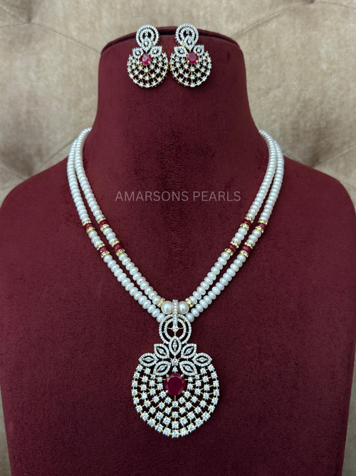 Ruby Red Stone Two-Layer Pearl Necklace Set with Matching Earrings