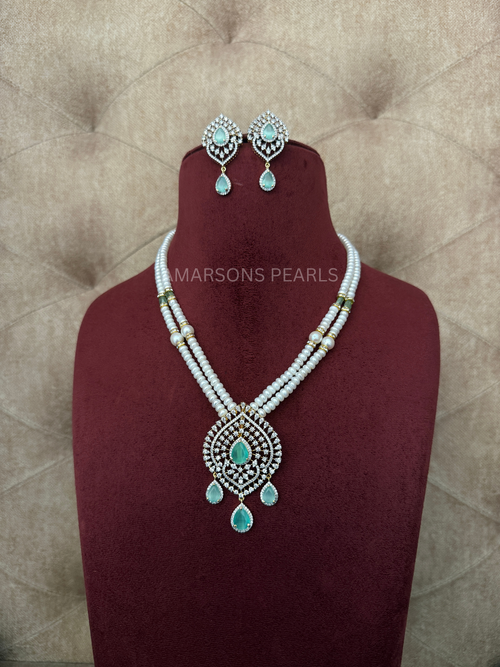 Aqua Color Two-Layer Pearl Necklace Set with Earrings