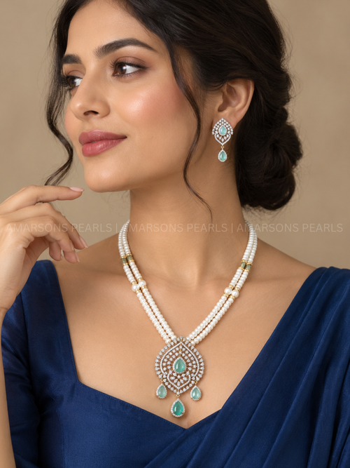 Aqua Color Two-Layer Pearl Necklace Set with Earrings