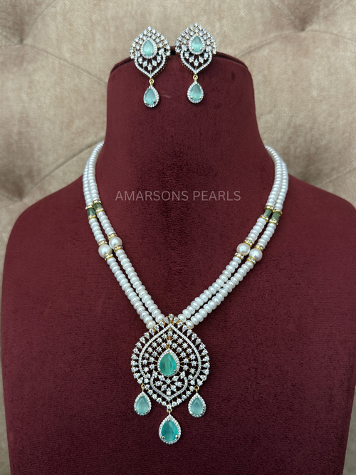 Aqua Color Two-Layer Pearl Necklace Set with Earrings